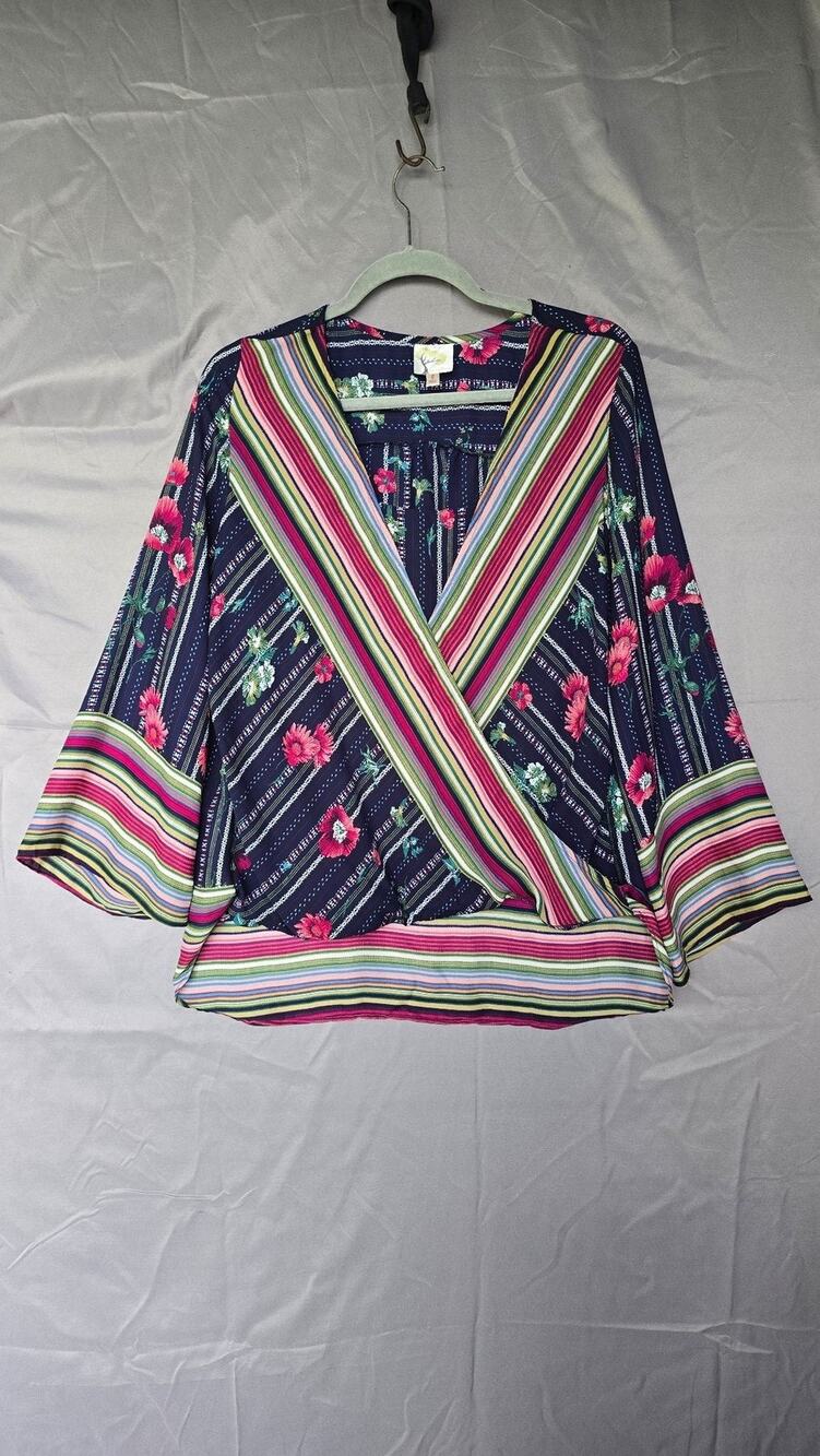 Fig And Flower Blouse Womens Large Multicolor Floral Stripe Kimono Boho Top